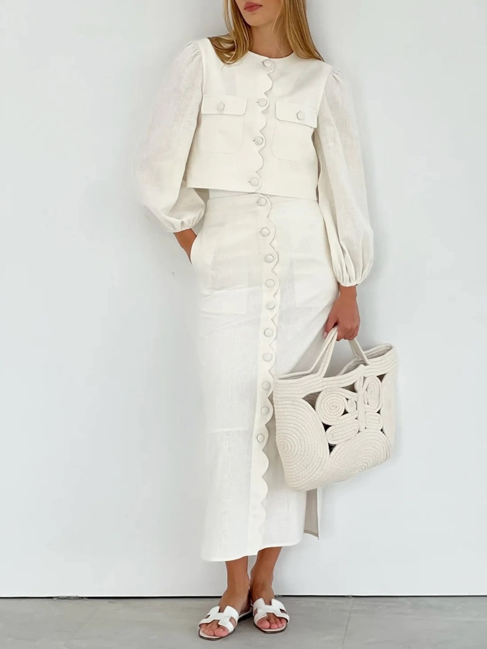 White Scallop-Trim Midi Skirt - Unbranded